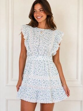 LoveShackFancy Roberta Small Mini Dress Bonnet Blue Floral NWT $365